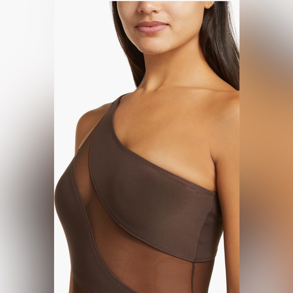 Norma Kamali Snake Mesh One-Shoulder Swimsuit,Chocolate/Chocolate Mesh, L, $245 - Picture 5 of 11